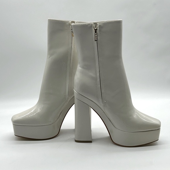 Guess BYRA Women’s Platform Block Heel Ankle Boots Ivory Patent, Size 10M NIB - Picture 9 of 11